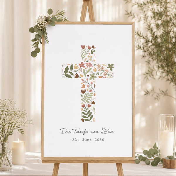 Begrüßungstafel Taufe Porträt 60 x 90 cm Blumenkreuz foto