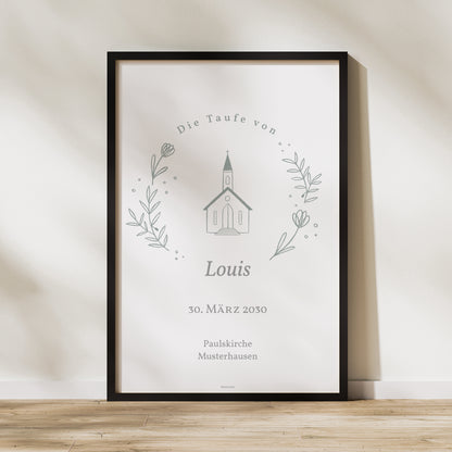 Begrüßungstafel Taufe Porträt 60 x 90 cm Blaues skizziertes Kirchengebäude foto N° 1