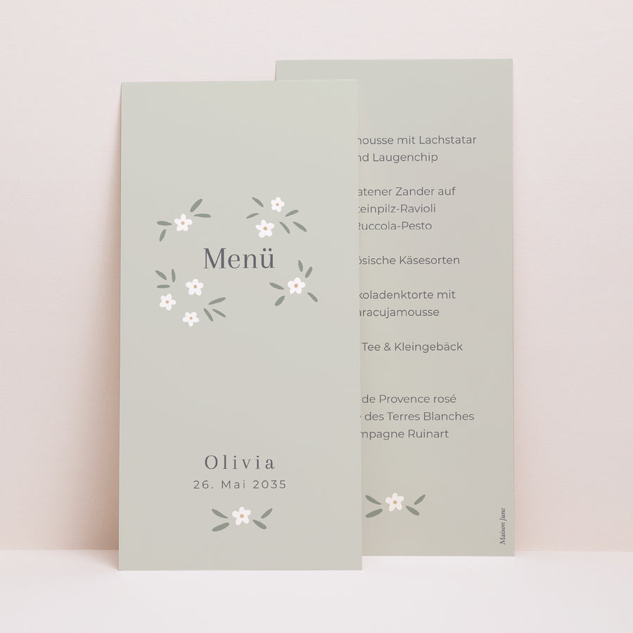 Menükarte Taufe Panoramatisches Porträt Kleine Blumen grün foto