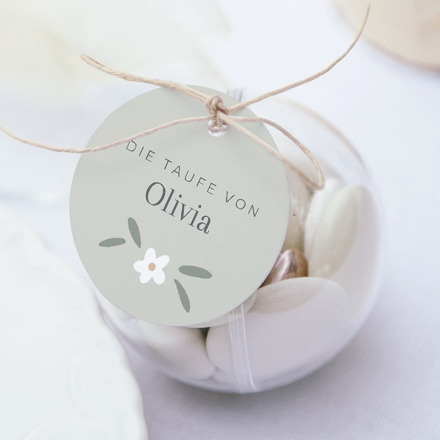 Geschenkbox Taufe Kugel mit runder Etikette Kleine Blumen grün foto