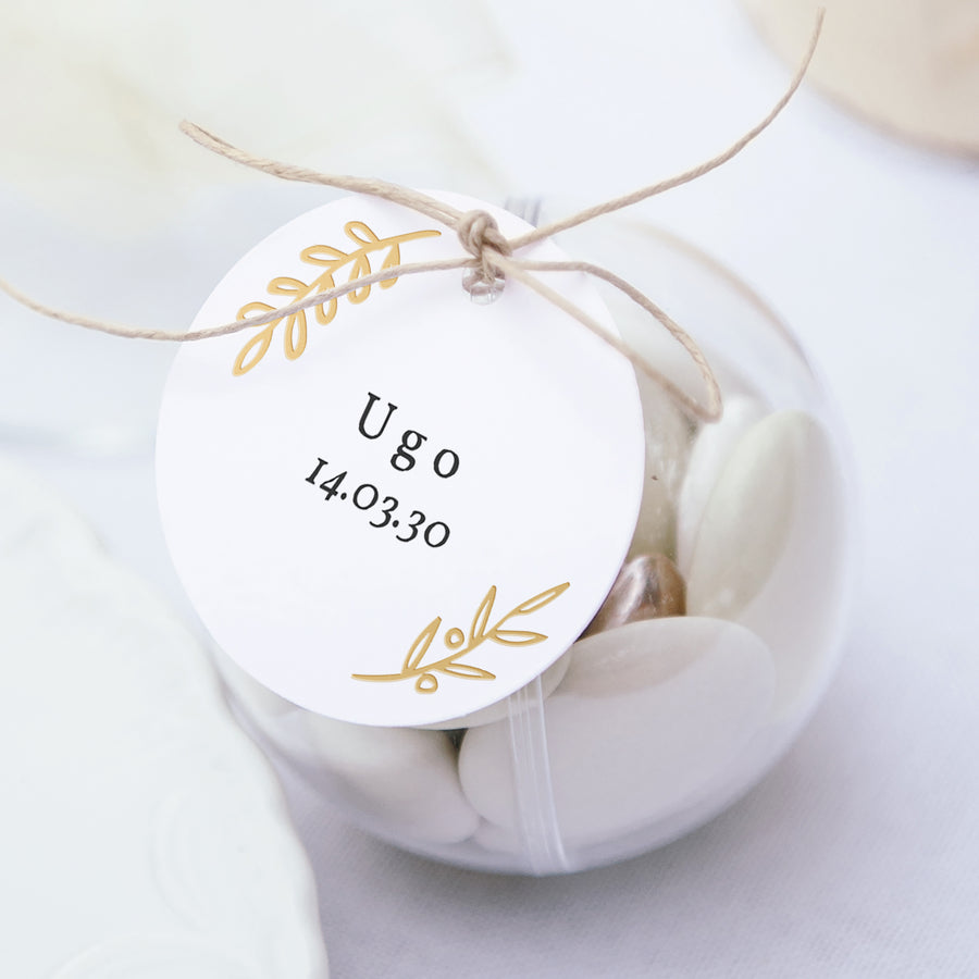 Geschenkbox Taufe Kugel mit runder Etikette Blumengold & Muster foto