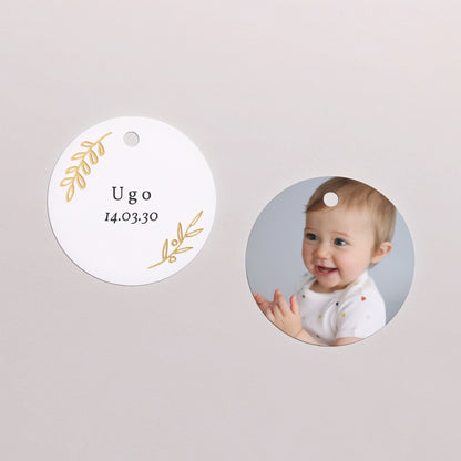 Geschenkbox Taufe Kugel mit runder Etikette Blumengold & Muster foto N° 3