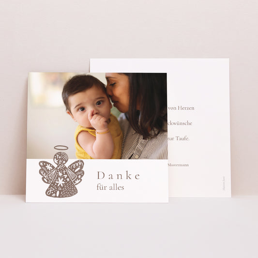 Dankeskarte Taufe Quadrat Angelot und Rosenkranz foto