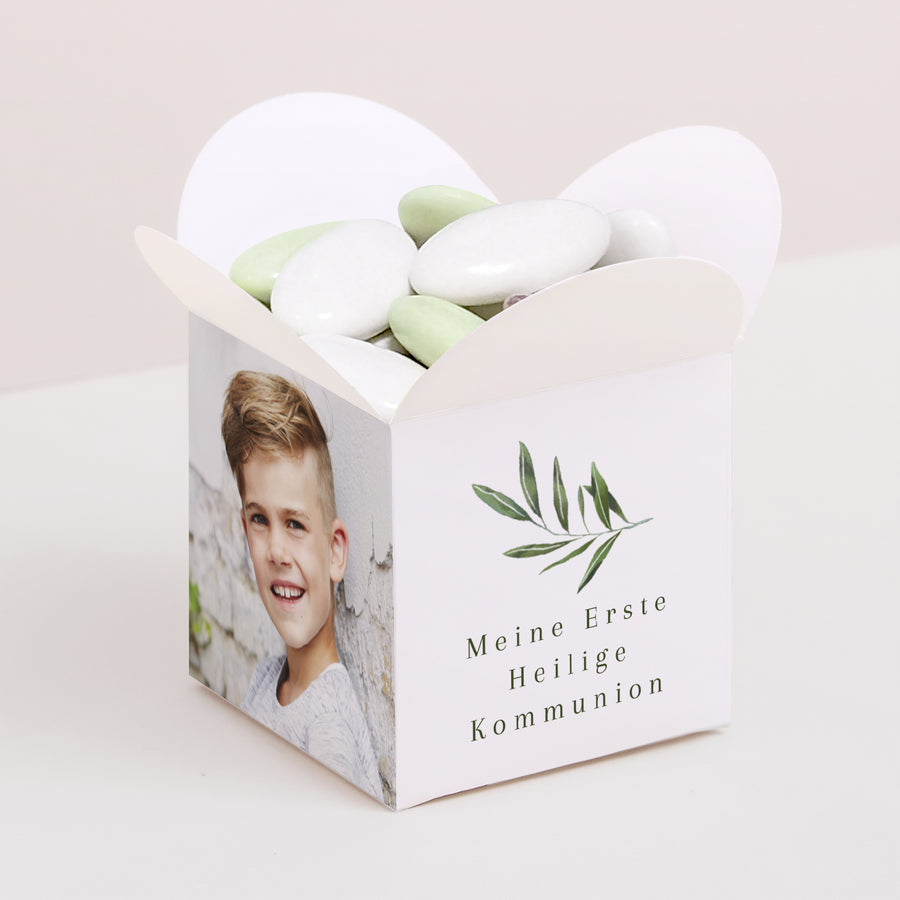 Geschenkbox Kommunion Schmetterlingsöffnung Gesegneter Zweig foto