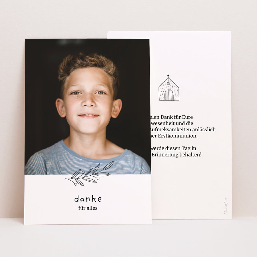 Dankeskarte Kommunion PortraitPorträt Kirche im Bleistiftstil foto