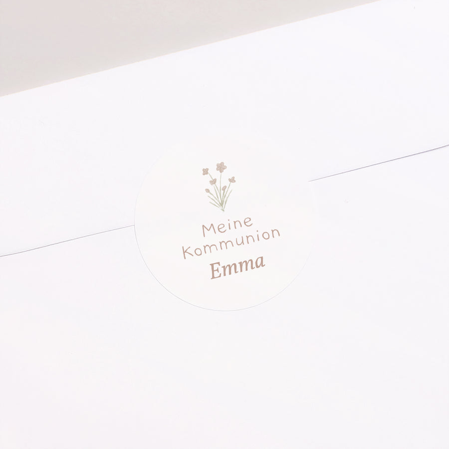 Sticker Kommunion Rund Diadem Weiße Blüten foto