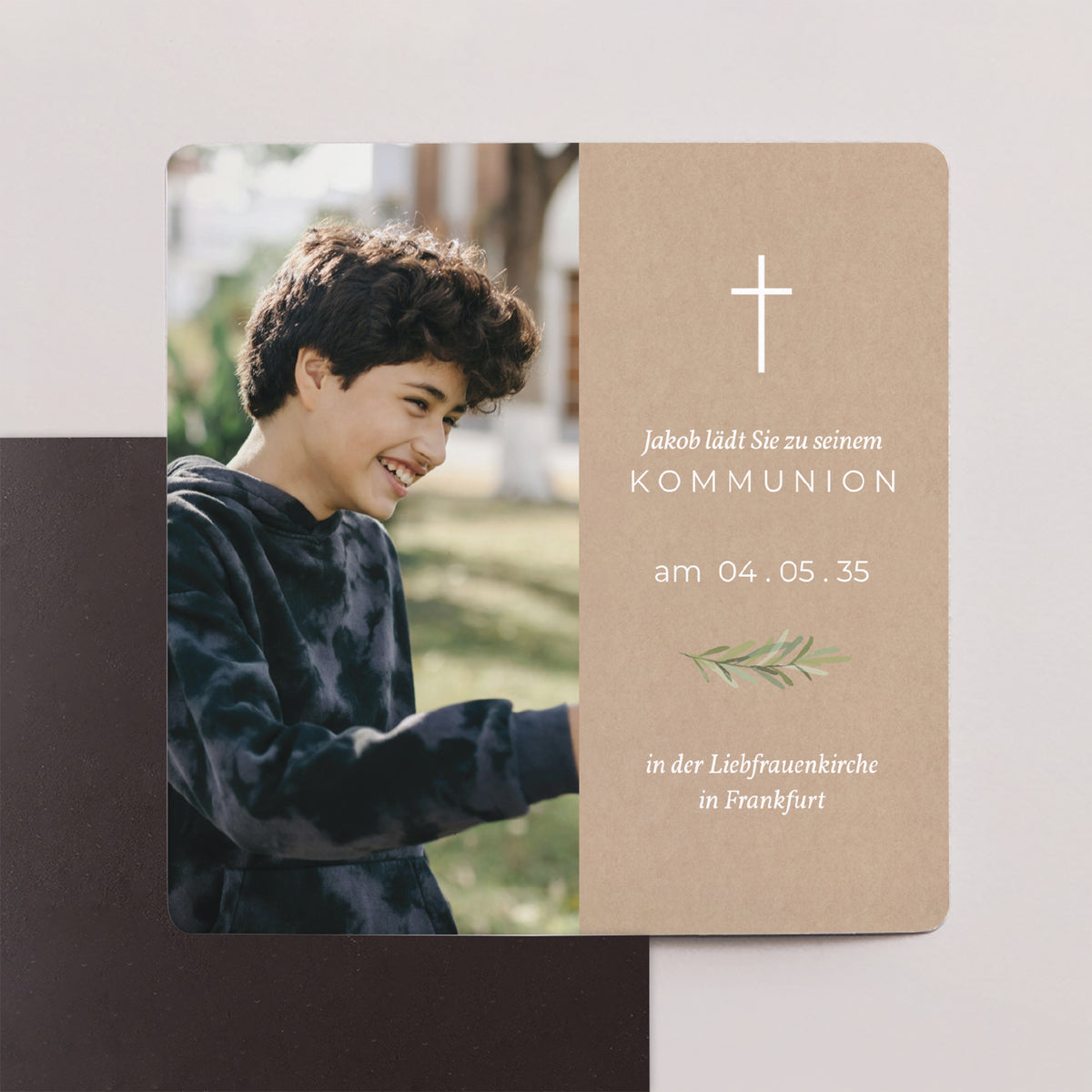 Einladungskarte Kommunion Satz von 9, magnetisch. Imitation Kraft & Olivenzweig foto