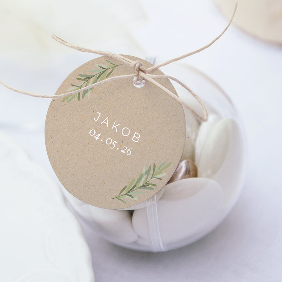 Geschenkbox Kommunion Kugel mit runder Etikette Imitation Kraft & Olivenzweig foto