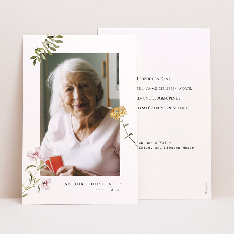 Dankeskarte Trauer PortraitPorträt Frühlingsblumen foto