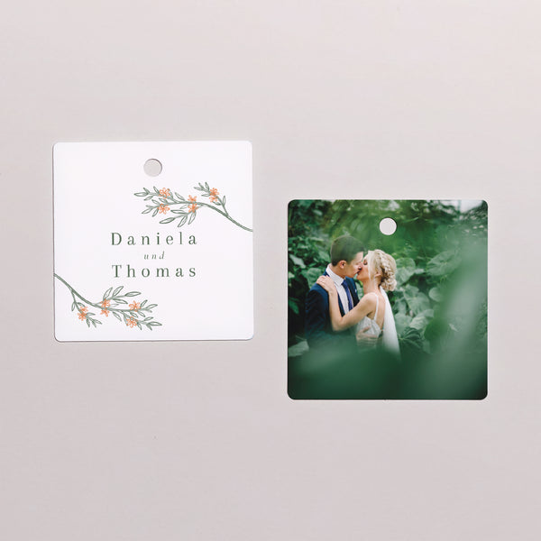 Vorgelochtes Etikett Hochzeit quadratisch Pflanzenrahmen II foto