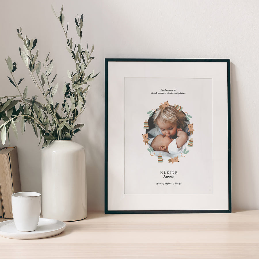 Poster Geburt Porträt Schmusetücher und Rasseln foto