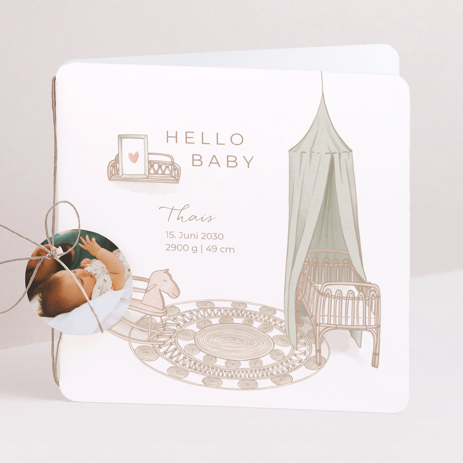 Geburtskarte Doppel-Quadrateinschlag, abgerundete Ecken, runde Etikette Stille Nacht foto