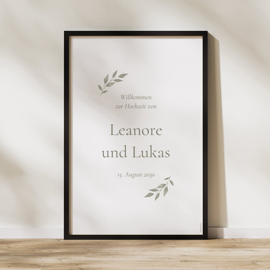 Begrüßungstafel Hochzeit Porträt 60 x 90 cm Goldene Pflanzenkrone foto