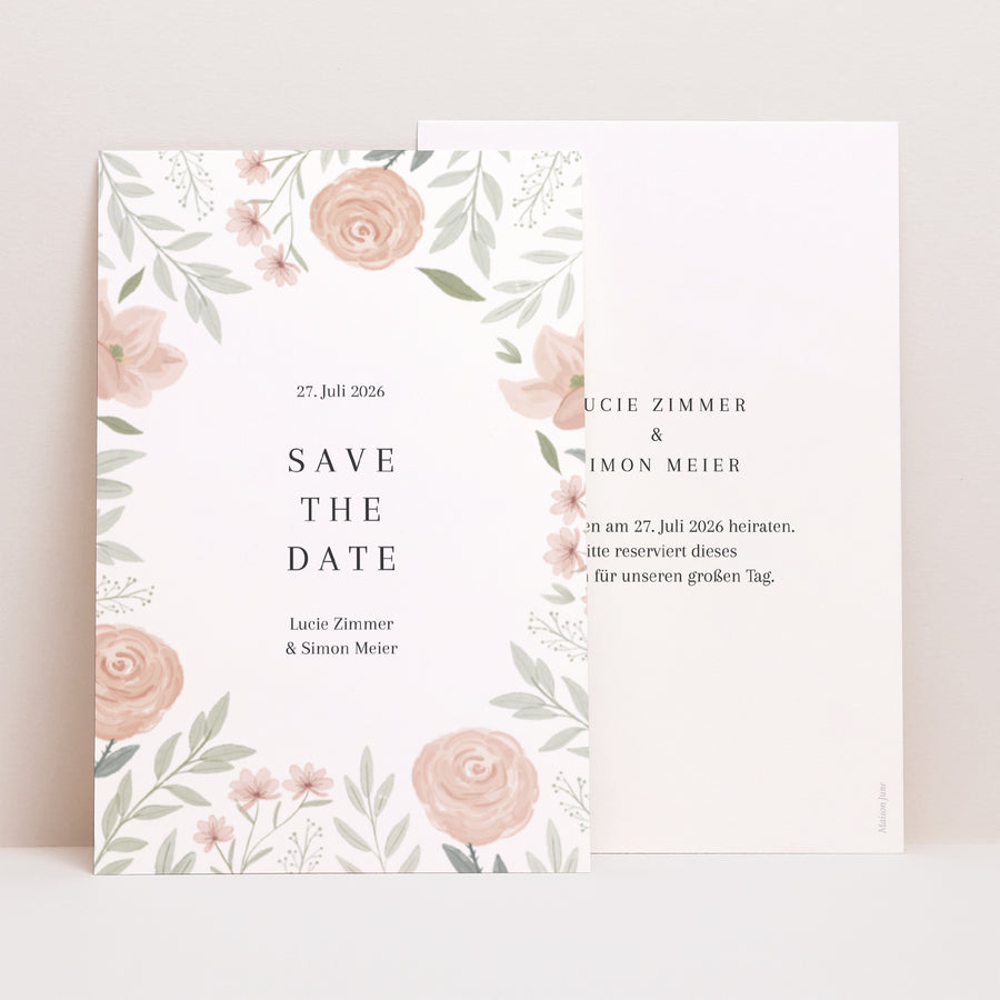 Save the date Karte Hochzeit PortraitPorträt Floral eingerahmt foto