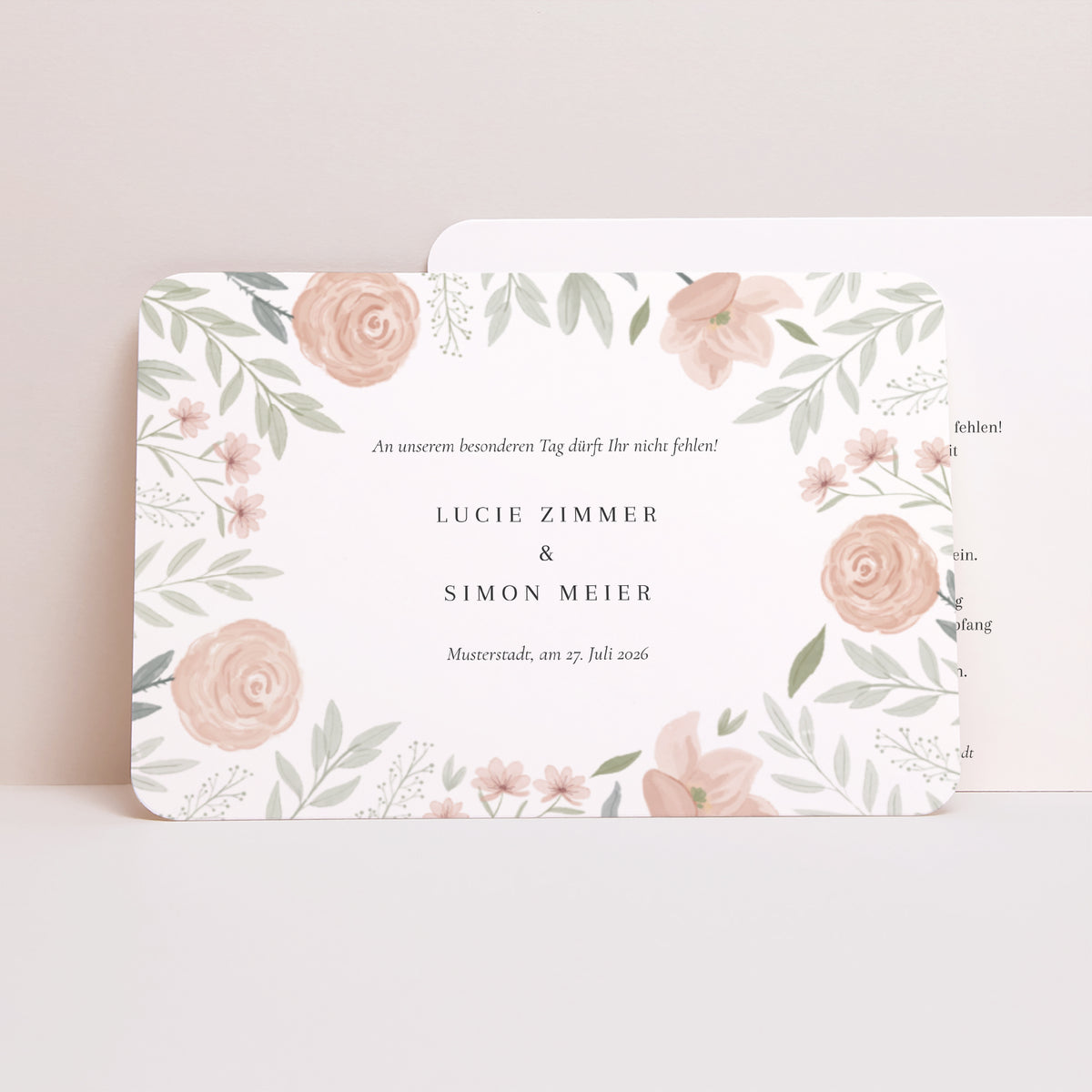 Hochzeitseinladung Landschaft, abgerundete Ränder Floral eingerahmt foto
