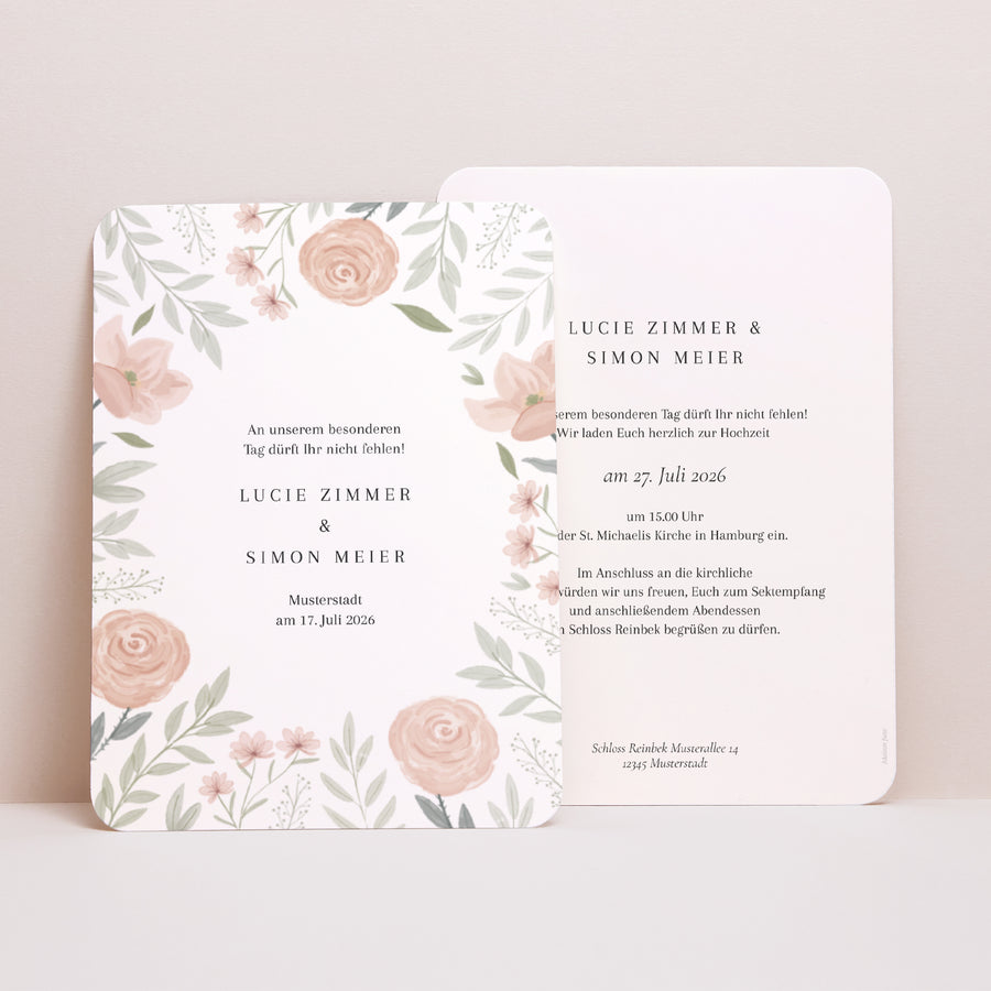 Hochzeitseinladung Porträt, abgerundete Kanten Floral eingerahmt foto