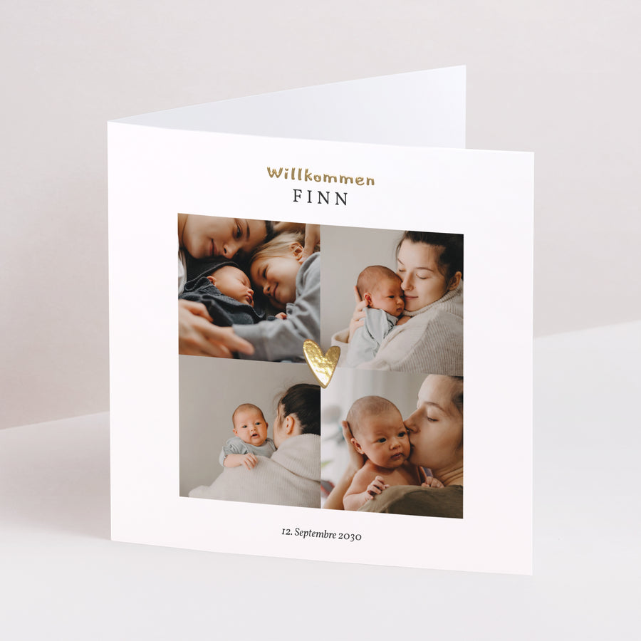 Geburtskarte Doppelflügiges Quadrat Herz Goldverzierung Mehrfachfotos foto
