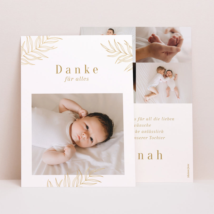 Dankeskarte Geburt Porträt Palmen des Goldes foto