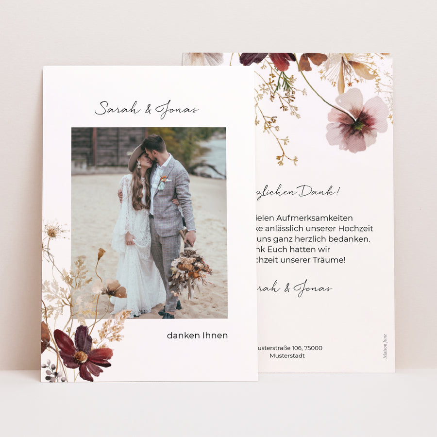 Dankeskarte Hochzeit PortraitPorträt getrocknete Wiesenblumen foto