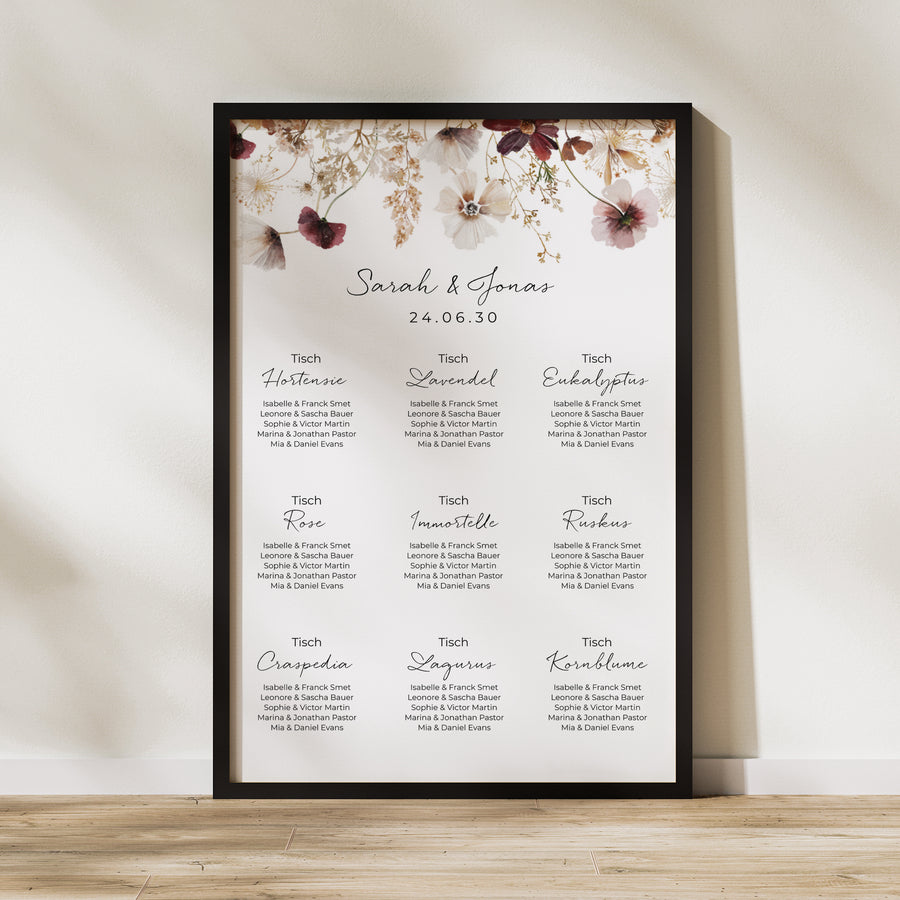 Sitzplan Hochzeit Porträt getrocknete Wiesenblumen foto