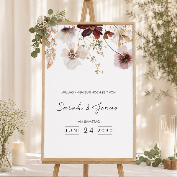 Begrüßungstafel Hochzeit Porträt 60 x 90 cm getrocknete Wiesenblumen foto