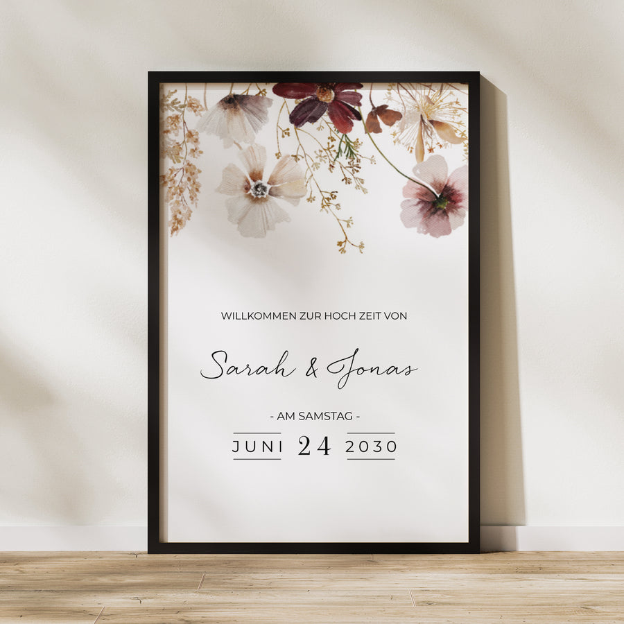Begrüßungstafel Hochzeit Porträt 60 x 90 cm getrocknete Wiesenblumen foto