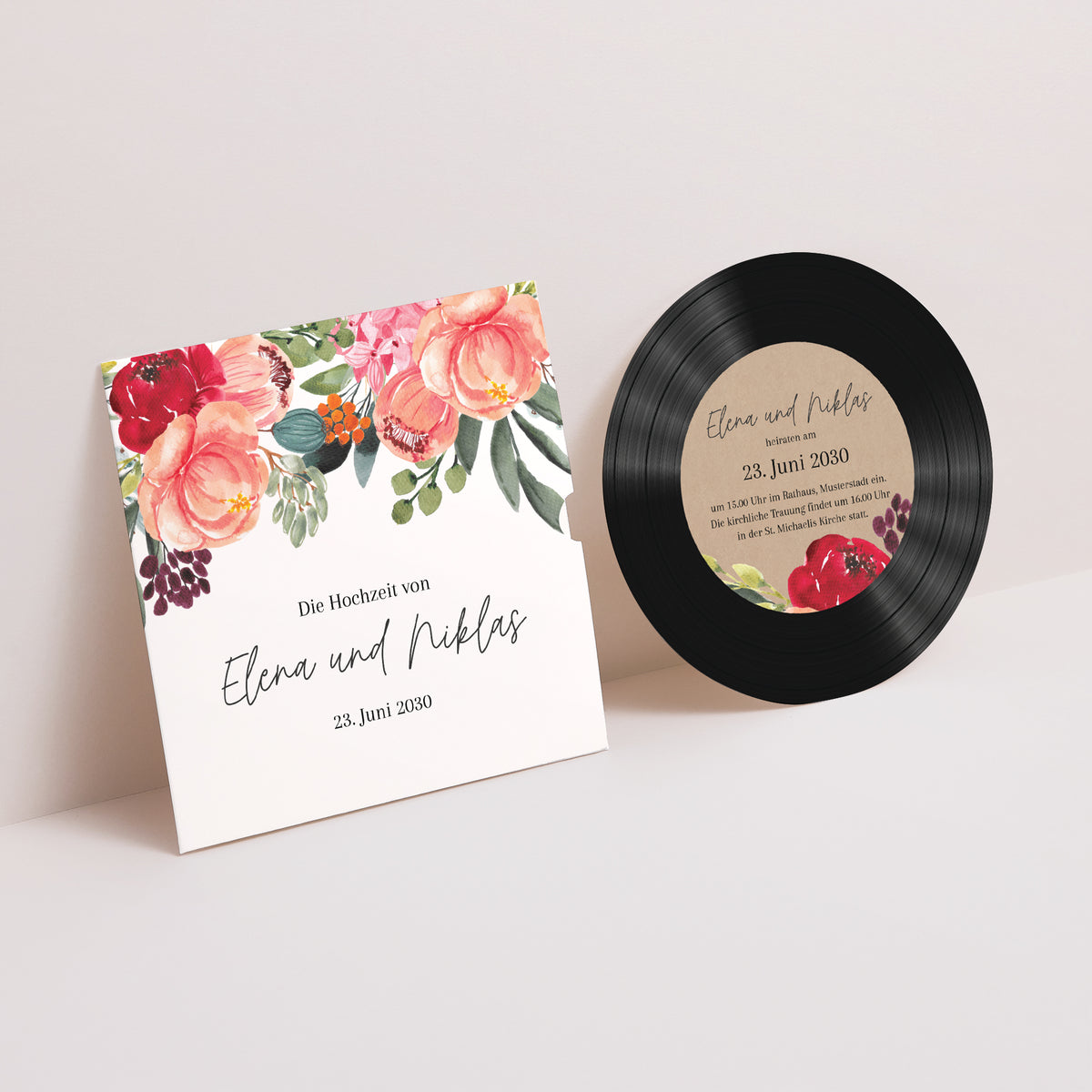 Hochzeitseinladung Schallplattenhülle Pops Blumen foto
