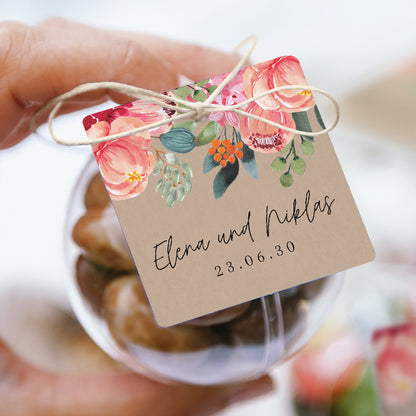 Geschenkbox Hochzeit Kugel mit quadratischem Etikett Pops Blumen foto N° 1
