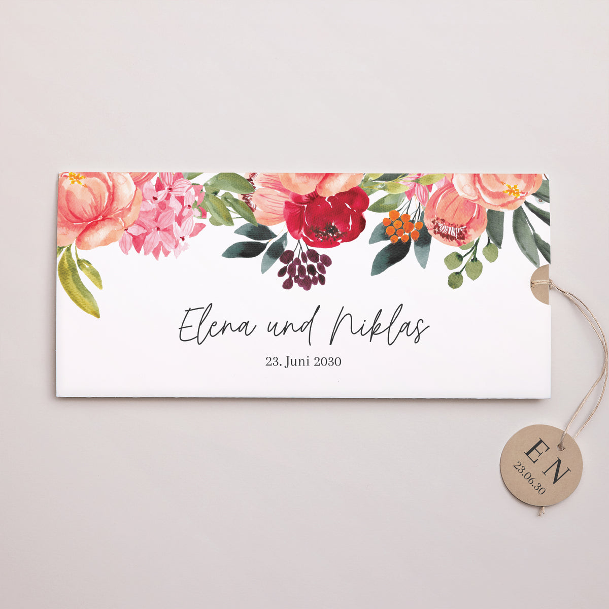 Hochzeitseinladung Mappe 2 Karten, Etikett Pops Blumen foto