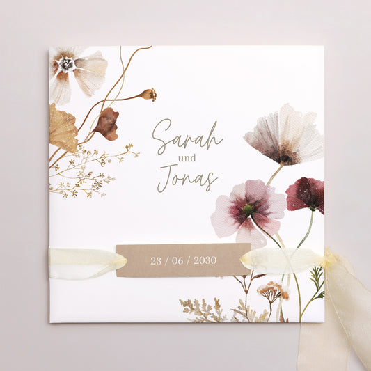Hochzeitseinladung Quadratische Hülle, 3 Karten, Etikett Getrocknete Wiesenblumen II foto