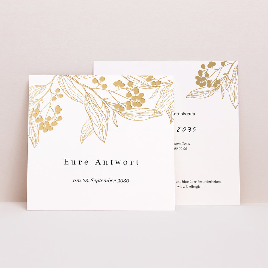Antwortkarte Hochzeit Quadrat Goldene Blumenmuster foto