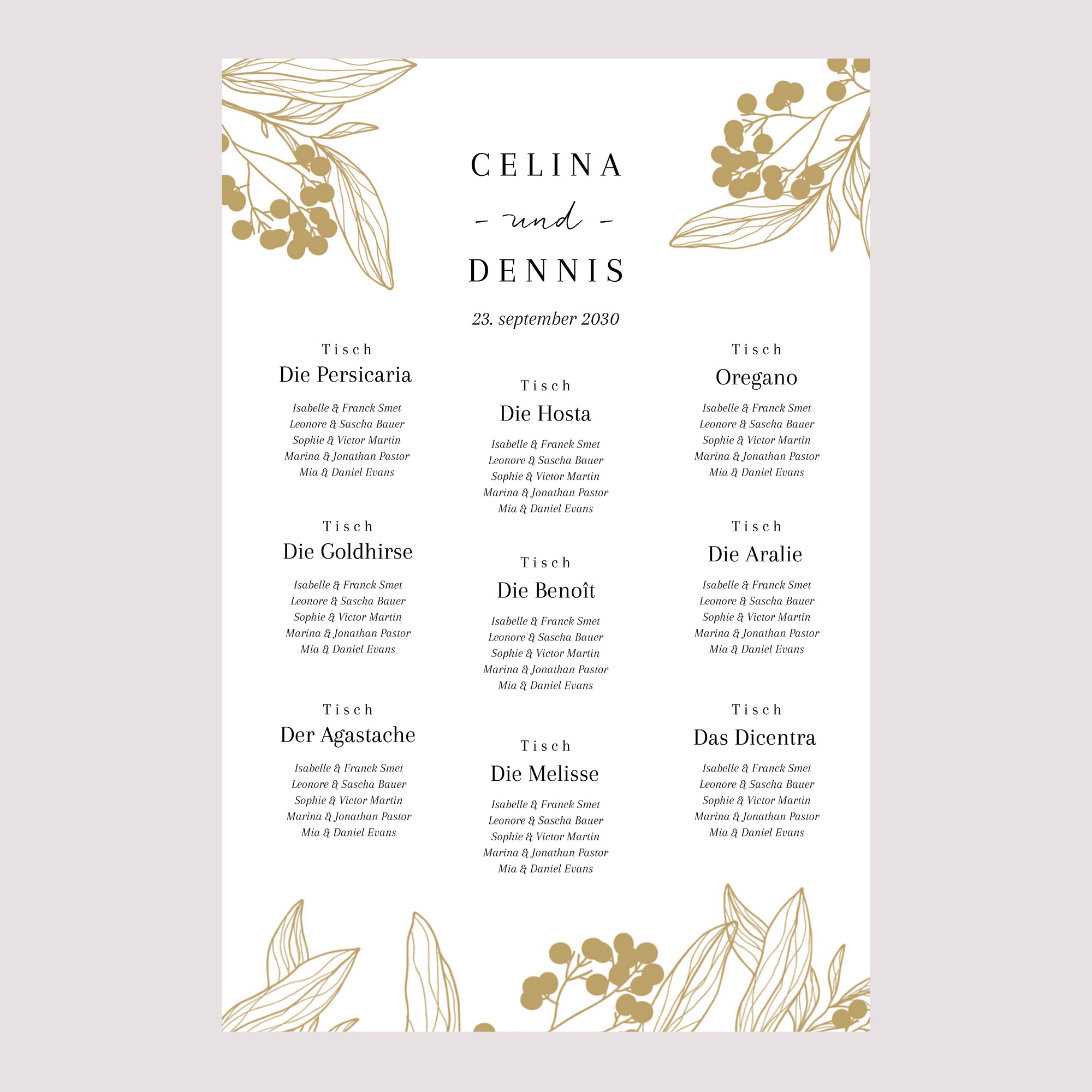 Sitzplan Hochzeit Porträt Goldene Blumenmuster foto N° 2
