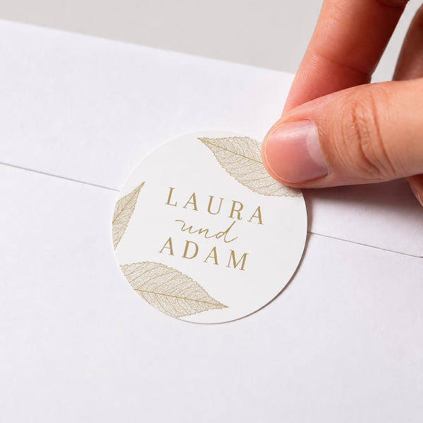 Sticker Hochzeit Rund Goldene Blätter foto