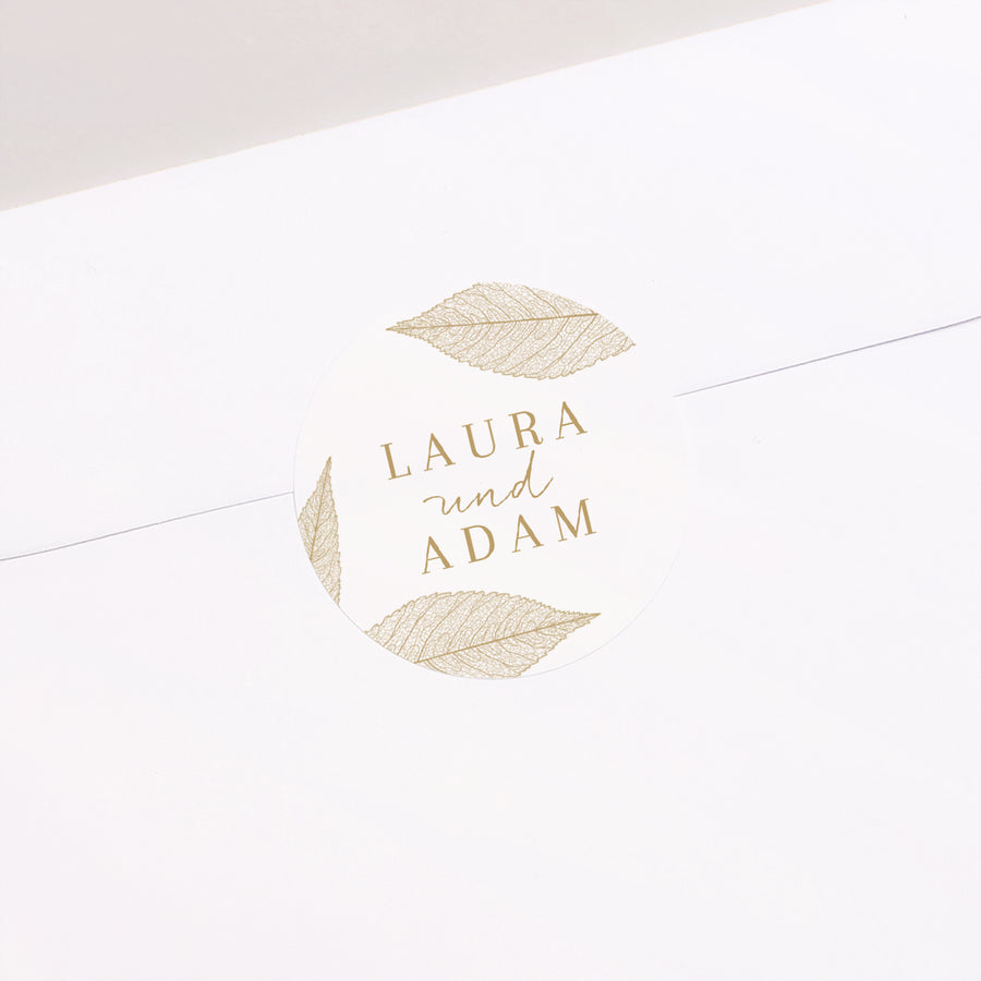 Sticker Hochzeit Rund Goldene Blätter foto
