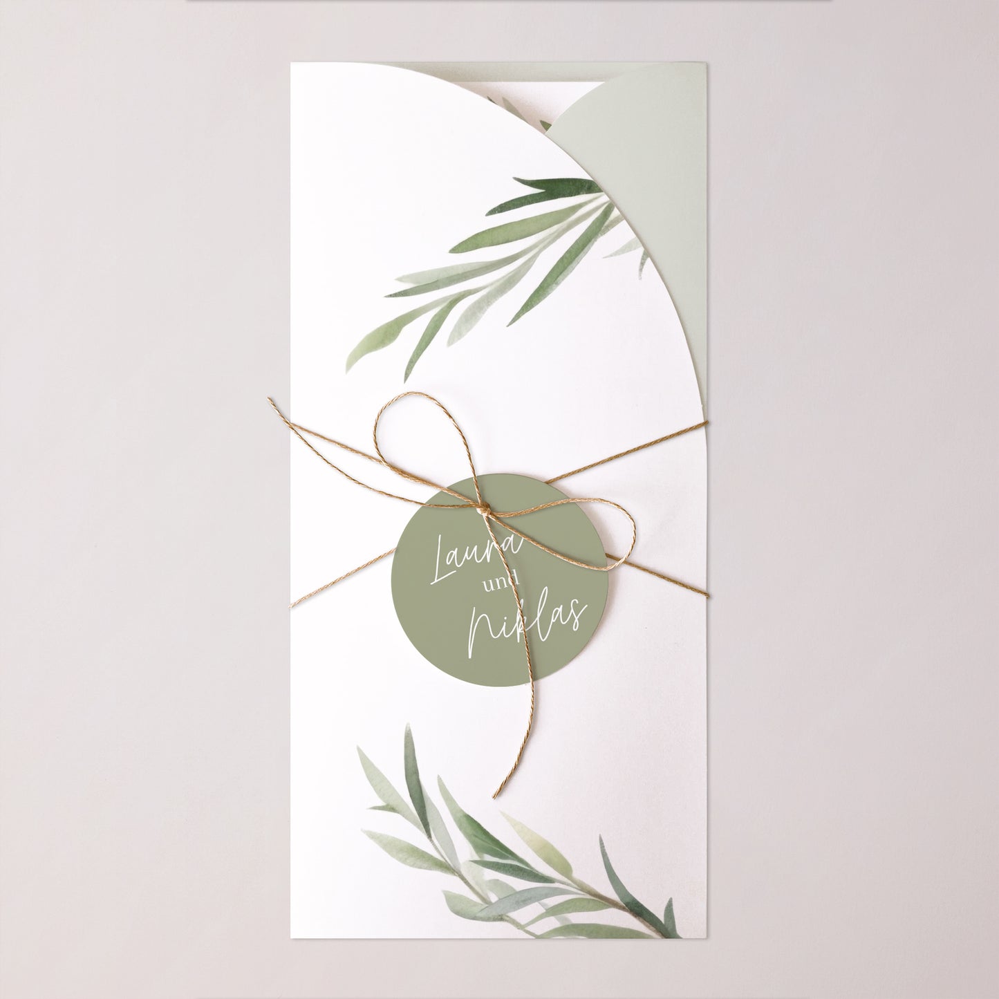 Hochzeitseinladung Tasche, 2 Karten, runden Etikett Olivenblätter foto N° 1