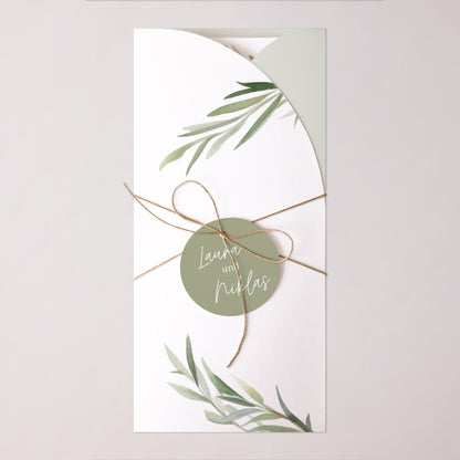 Hochzeitseinladung Tasche, 2 Karten, runden Etikett Olivenblätter foto N° 1