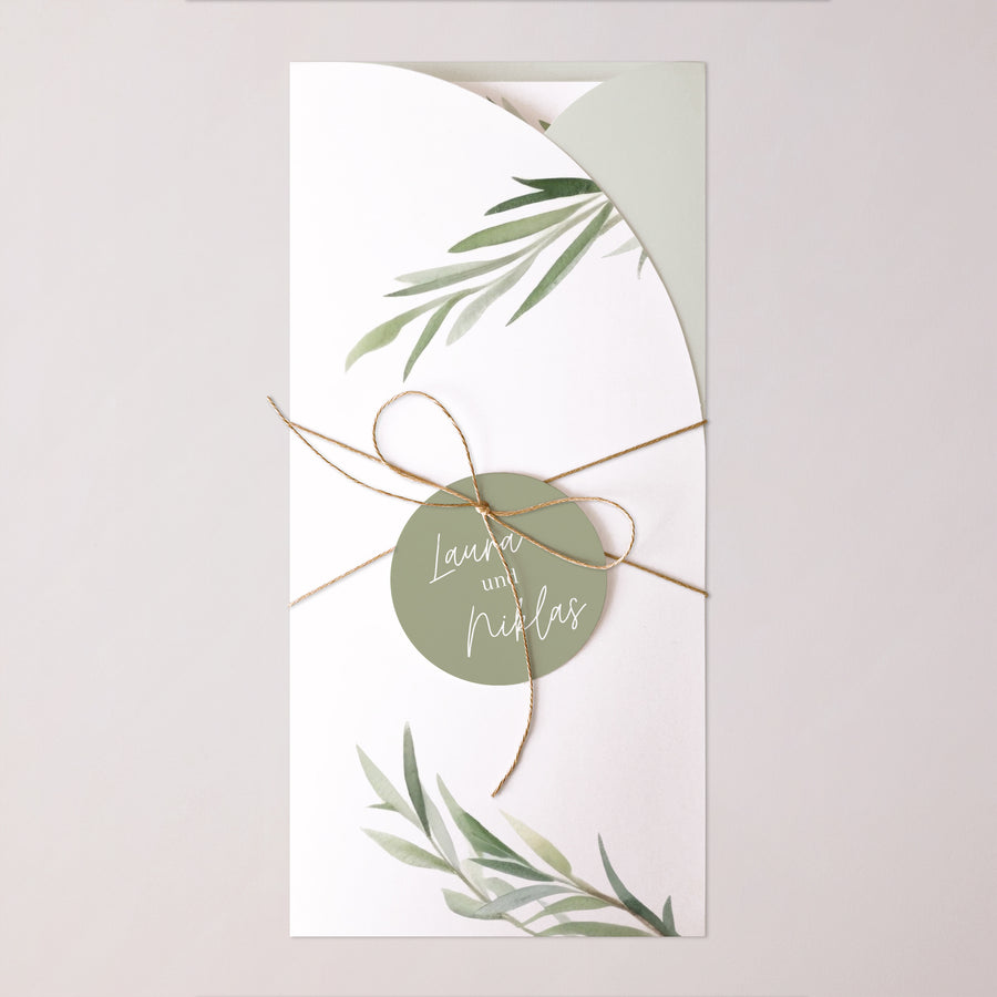 Hochzeitseinladung Tasche, 2 Karten, runden Etikett Olivenblätter foto