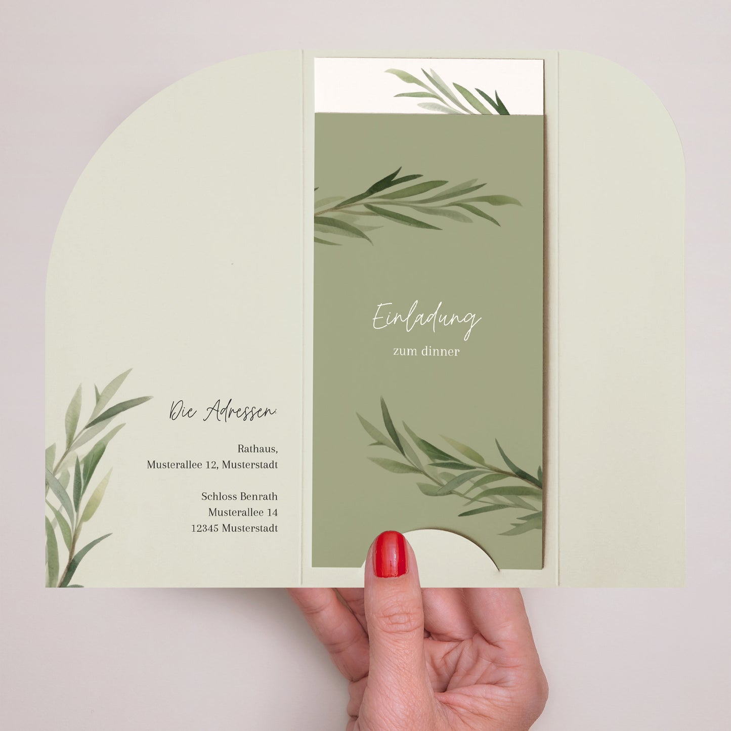 Hochzeitseinladung Tasche, 2 Karten, runden Etikett Olivenblätter foto N° 2