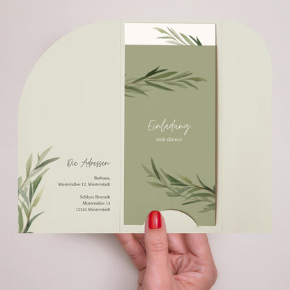 Hochzeitseinladung Tasche, 2 Karten, runden Etikett Olivenblätter foto N° 2