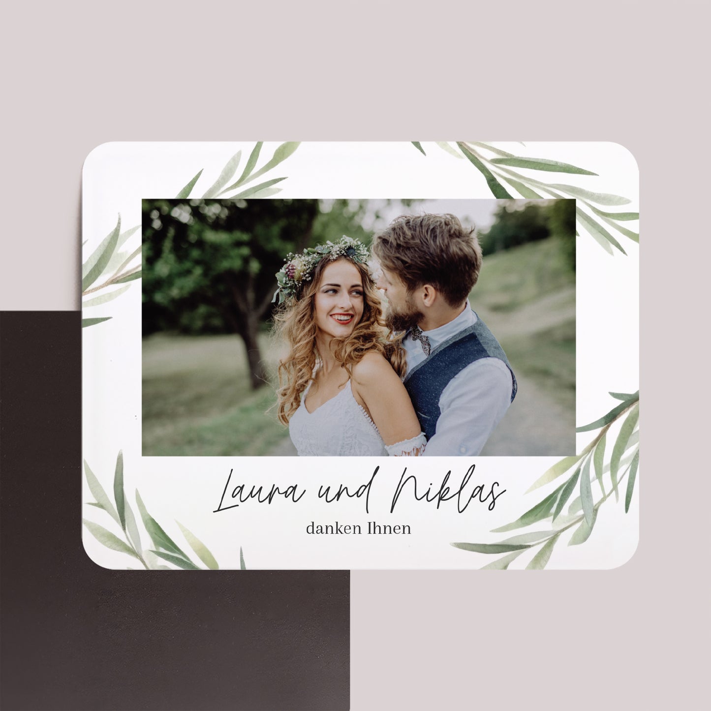 Dankeskarte Hochzeit Set von 8, magnetisch, Landschaft, rechteckige abgerundete Ecken Olivenblätter foto N° 1