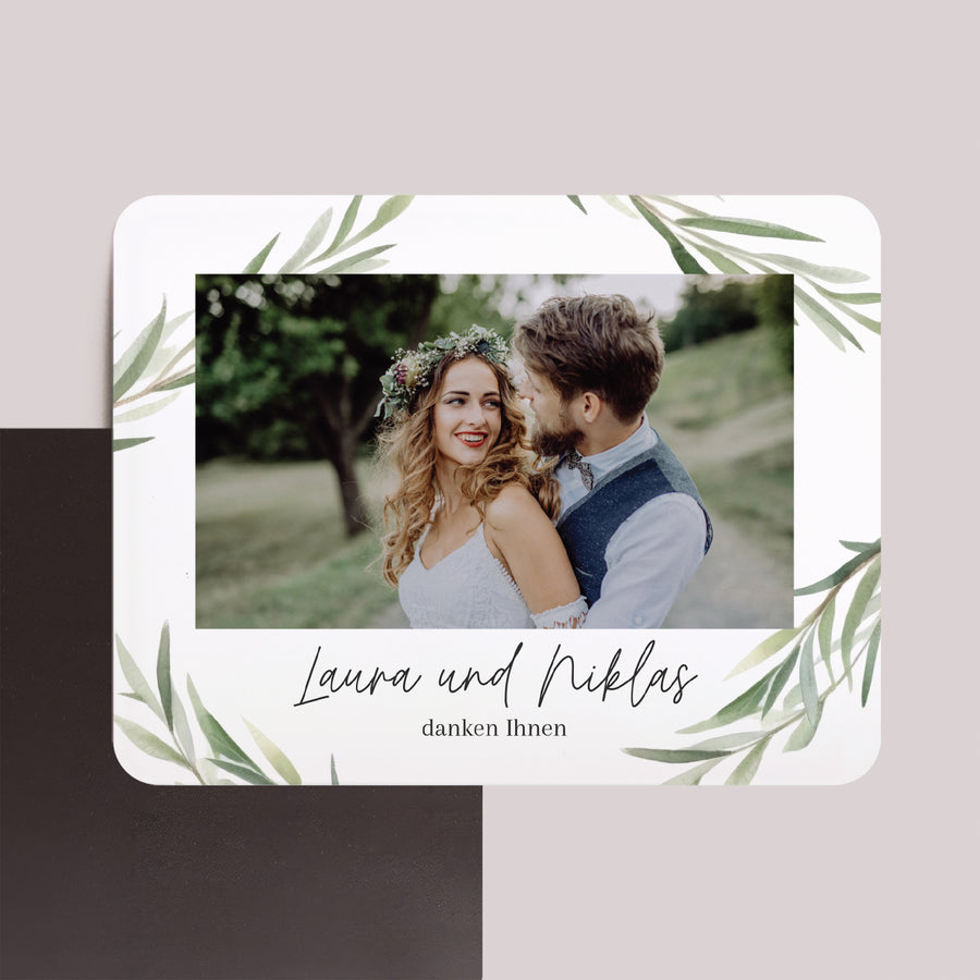 Dankeskarte Hochzeit Set von 8, magnetisch, Landschaft, rechteckige abgerundete Ecken Olivenblätter foto