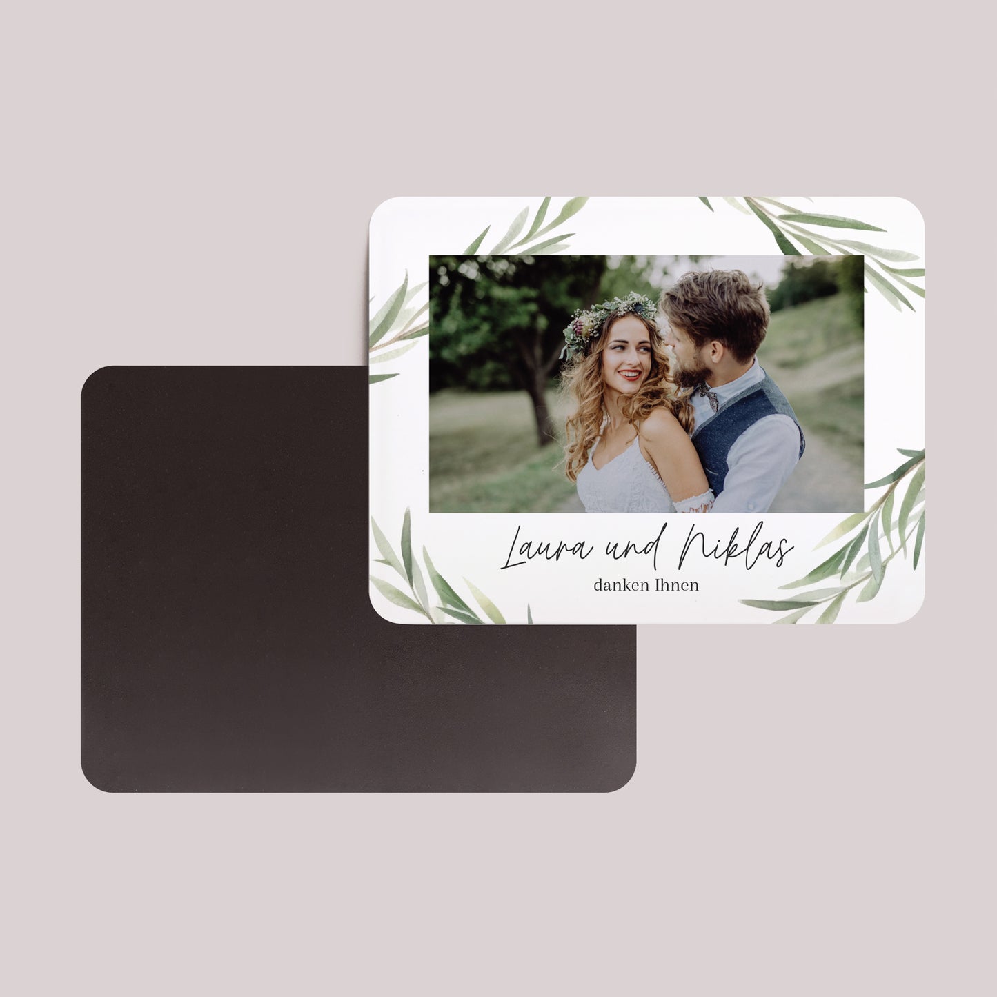 Dankeskarte Hochzeit Set von 8, magnetisch, Landschaft, rechteckige abgerundete Ecken Olivenblätter foto N° 2