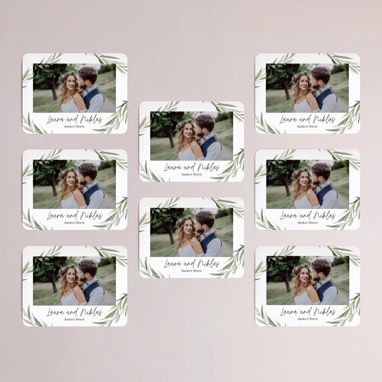 Dankeskarte Hochzeit Set von 8, magnetisch, Landschaft, rechteckige abgerundete Ecken Olivenblätter foto N° 3