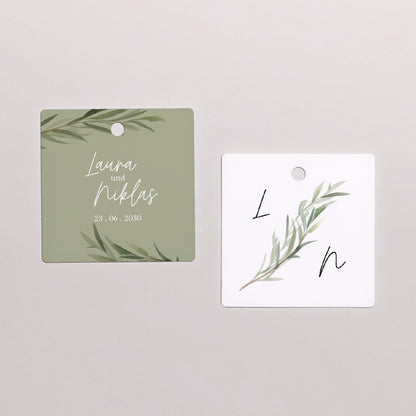 Geschenkbox Hochzeit Kugel mit quadratischem Etikett Olivenblätter foto N° 3