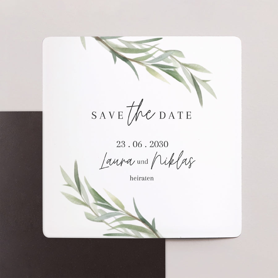 Save the date Karte Hochzeit Satz von 9, magnetisch. Olivenblätter foto