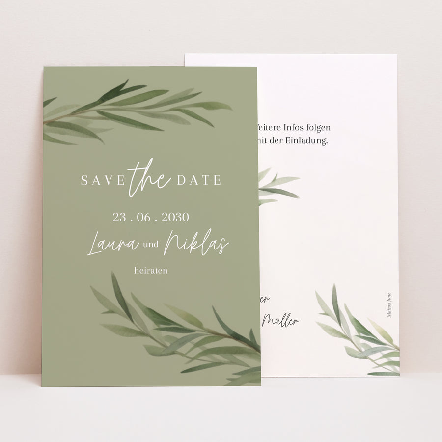 Save the date Karte Hochzeit PortraitPorträt Olivenblätter foto