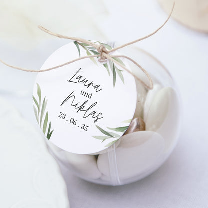 Geschenkbox Hochzeit Kugel mit runder Etikette Olivenblätter foto N° 1