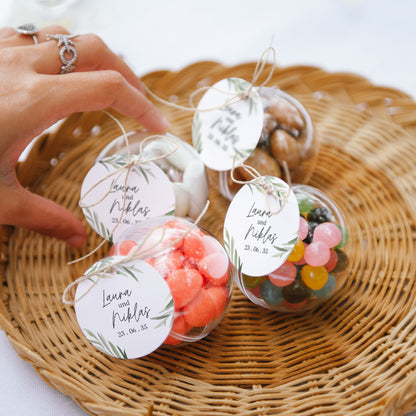 Geschenkbox Hochzeit Kugel mit runder Etikette Olivenblätter foto N° 2