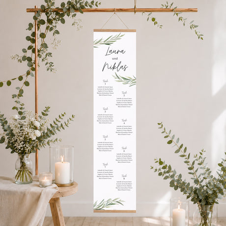 Sitzplan Hochzeit Holzstütze Olivenblätter