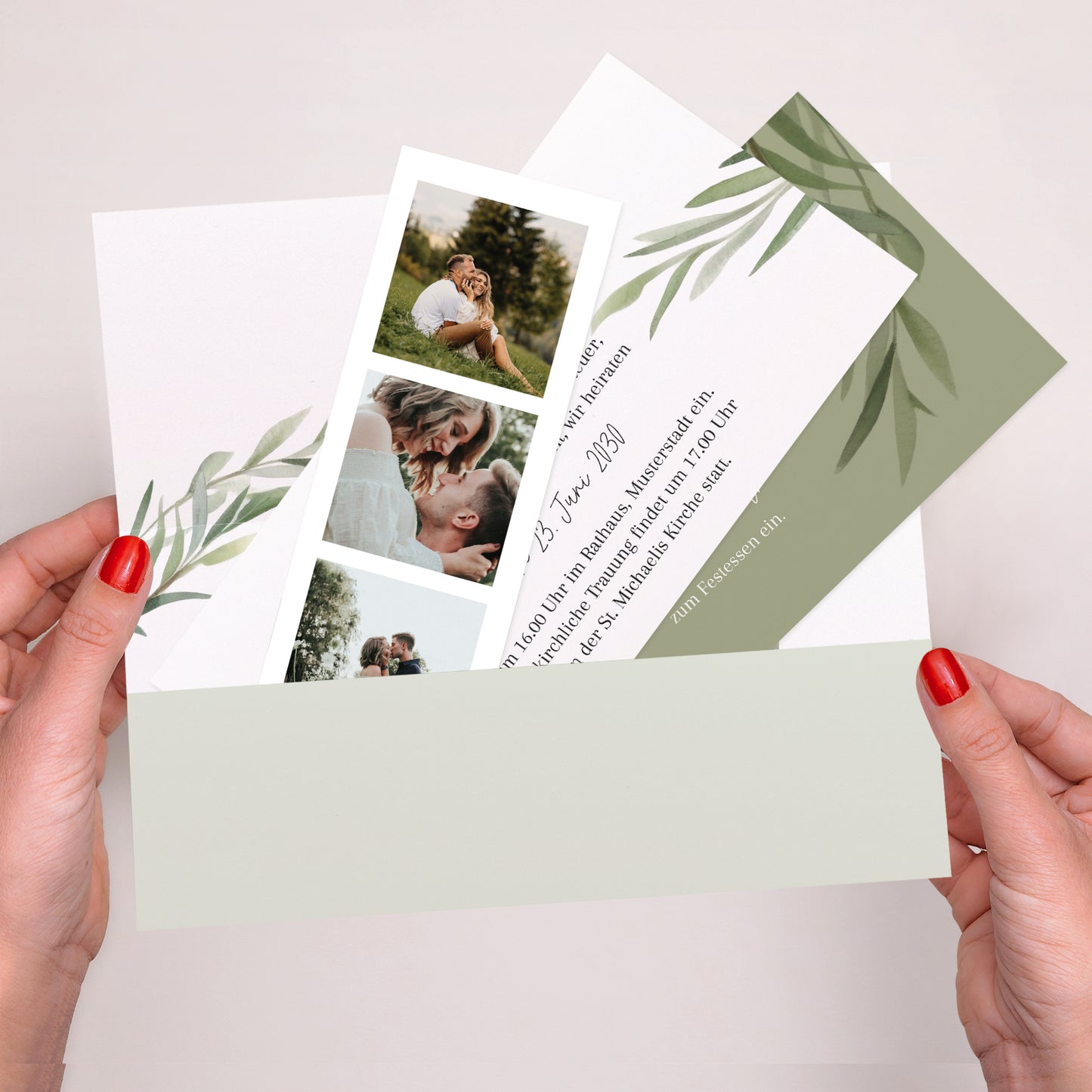 Hochzeitseinladung Rechteckige Tasche, 2 Karten Olivenblätter foto N° 2